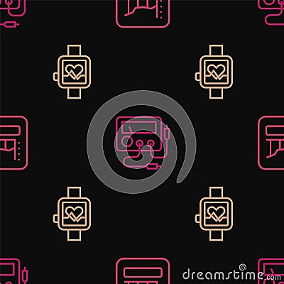 Set line Graph, schedule, chart, diagram, Smart watch and Multimeter, voltmeter on seamless pattern. Vector Vector Illustration