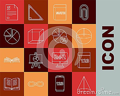 Set line Graph, schedule, chart, diagram, Test or exam sheet and pen, Calculator, Triangle math, Function mathematical Vector Illustration