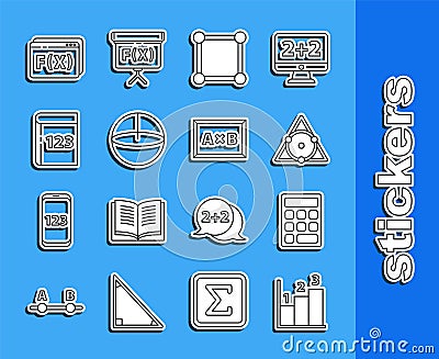 Set line Graph, schedule, chart, diagram, Triangle math, Chalkboard, with, Calculator, Test exam sheet and pen Vector Illustration