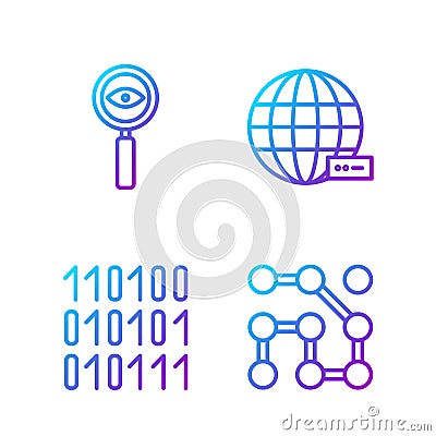 Set line Graphic password protection, Binary code, Magnifying glass Search and Social network. Gradient color icons Vector Illustration