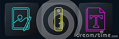 Set line Graphic tablet, Text file document and Ruler. Black square button. Vector Vector Illustration