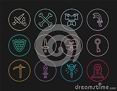 Set line Grave with tombstone, Old key, Body armor, Dagger, Shield, Sword blood, Video game bar and Crossed human bones Vector Illustration