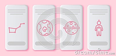 Set line Great Bear constellation, Earth globe, Planet Venus and Astronaut. White rectangle button. Vector Vector Illustration