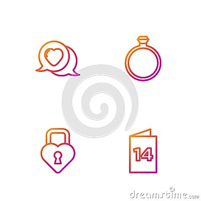 Set line Greeting card, Castle the shape of heart, Heart speech bubble and Diamond engagement ring. Gradient color icons Vector Illustration