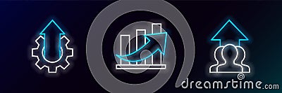 Set line Growth chart and progress in people crowd, Arrow growth gear business and Financial coin icon. Glowing neon Stock Photo