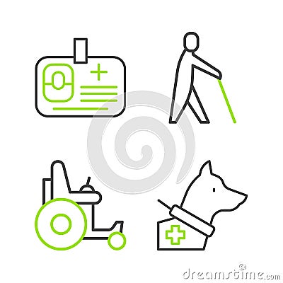 Set line Guide dog, Electric wheelchair, Blind human holding stick and Identification badge icon. Vector Stock Photo