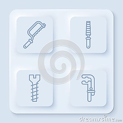 Set line Hacksaw, Chisel tool for wood, Metallic screw and Clamp tool. White square button. Vector Vector Illustration