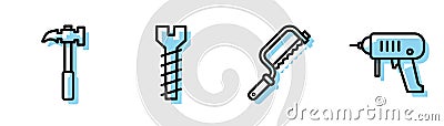 Set line Hacksaw, Claw hammer, Metallic screw and Electric drill machine icon. Vector Vector Illustration