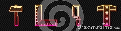 Set line Hacksaw, Hammer, Corner ruler and T-square line. Glowing neon icon. Vector Vector Illustration