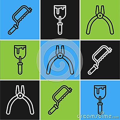 Set line Hacksaw, Pliers tool and Putty knife icon. Vector Vector Illustration