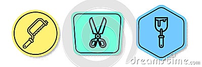 Set line Hacksaw, Scissors and Putty knife. Colored shapes. Vector Vector Illustration