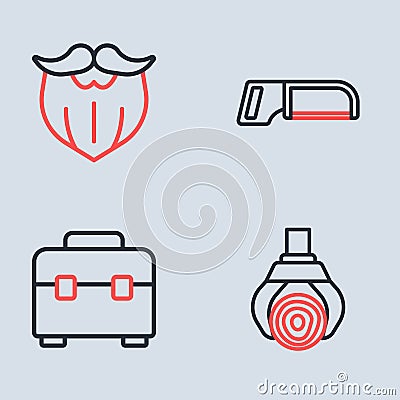 Set line Hacksaw, Toolbox, Grapple crane grabbed log and Mustache and beard icon. Vector Vector Illustration