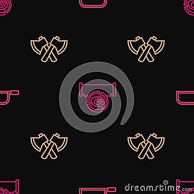 Set line Hacksaw, Wooden axe and Two-handed and log on seamless pattern. Vector Stock Photo