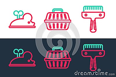 Set line Hair brush for dog and cat, Clockwork mouse and Pet carry case icon. Vector Vector Illustration