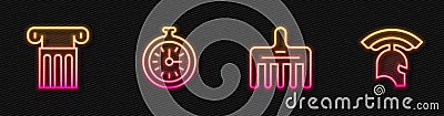 Set line Hairbrush, Ancient column, Pocket watch and Roman army helmet. Glowing neon icon. Vector Vector Illustration