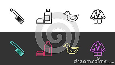 Set line Hairbrush, Bottle of shampoo, Rubber duck and Bathrobe on black and white. Vector Vector Illustration