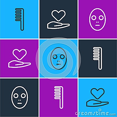 Set line Hairbrush, Facial cosmetic mask and Heart on hand icon. Vector Vector Illustration