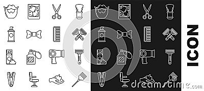 Set line Hairbrush, Shaving razor, Crossed shaving, Scissors hairdresser, Bow tie, gel foam, Mustache and beard and icon Vector Illustration