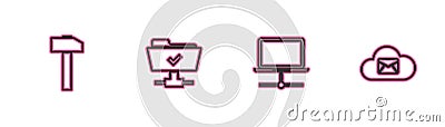 Set line Hammer, Computer network, FTP operation successful and Cloud mail server icon. Vector Vector Illustration