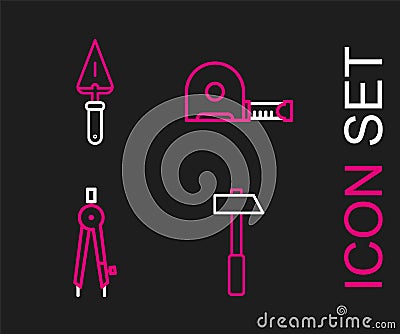 Set line Hammer, Drawing compass, Roulette construction and Trowel icon. Vector Stock Photo