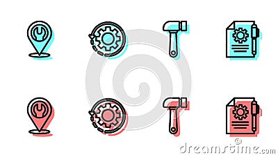 Set line Hammer, Location with wrench spanner, Gear and arrows as workflow and Document settings pen icon. Vector Vector Illustration