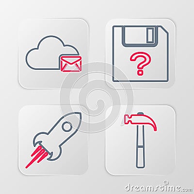 Set line Hammer, Rocket ship with fire, Unknown document and Cloud mail server icon. Vector Stock Photo