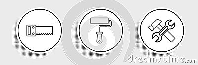 Set line Hammer and wrench, Hand saw and Paint roller brush icon. Vector Vector Illustration