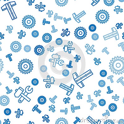 Set line Hammer and wrench spanner, T-square line and Circular saw blade on seamless pattern. Vector Vector Illustration