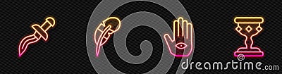 Set line Hamsa hand, Dagger, Feather pen and Medieval goblet. Glowing neon icon. Vector Vector Illustration