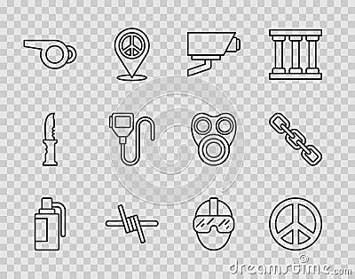Set line Hand grenade, Peace, Security camera, Barbed wire, Whistle, Walkie talkie, Special forces soldier and Chain Vector Illustration