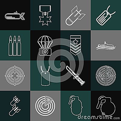 Set line Hand grenade, Radar with targets, Submarine, Aviation bomb, Parachute first aid kit, Bullet, and Chevron icon Vector Illustration