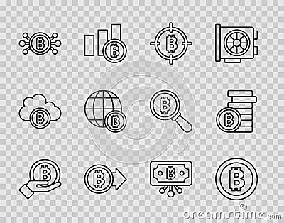 Set line Hand holding Bitcoin, the target, circuit, Globe, with and icon. Vector Vector Illustration