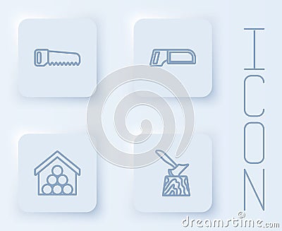 Set line Hand saw, Hacksaw, Wooden logs and axe in stump. White square button. Vector Vector Illustration