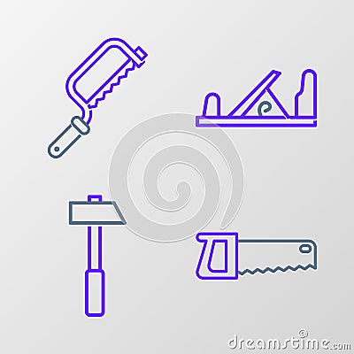 Set line Hand saw, Hammer, Wood plane tool and Hacksaw icon. Vector Stock Photo