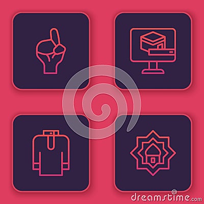 Set line Hands in praying position, Shirt kurta, Kaaba mosque and Muslim Mosque. Blue square button. Vector Vector Illustration