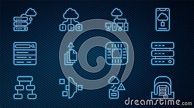 Set line Hangar with servers, Server, Data, Web Hosting, Computer network, export, Search engine, Network cloud Vector Illustration