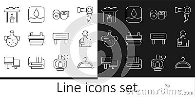 Set line Hanger wardrobe, Man in the sauna, Toilet paper roll, Sauna bucket, Essential bottle, Aroma candle, wood bench Vector Illustration