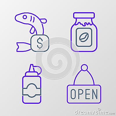 Set line Hanging sign with Open, Sauce bottle, Coffee jar and Price tag for fish icon. Vector Vector Illustration