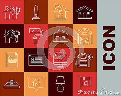 Set line Hanging sign with text Sale, Warehouse dollar symbol, House, Paint roller brush, Search, shield and icon Vector Illustration