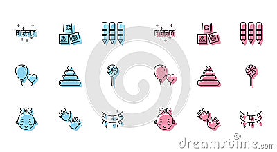 Set line Happy little girl head, Baby hands print, Carnival garland with flags, Pyramid toy, Lollipop, Balloons form of Vector Illustration