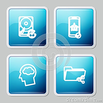 Set line Hard disk drive with clockwise, Flight mode in the mobile, Head silhouette cloud and Share folder icon. Vector Stock Photo