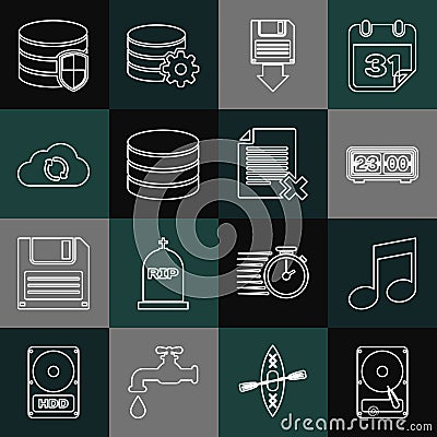Set line Hard disk drive HDD, Music note, tone, Retro flip clock, Floppy backup, Database, Cloud sync refresh Vector Illustration