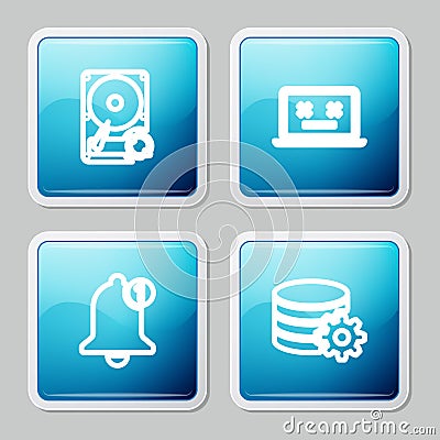 Set line Hard disk drive HDD sync refresh, Dead laptop, Bell and Setting database server icon. Vector Vector Illustration