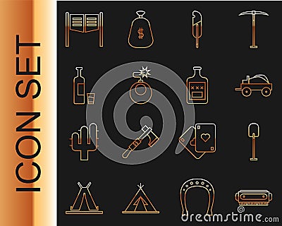 Set line Harmonica, Shovel, Wild west covered wagon, Feather pen, Bomb ready to explode, Whiskey bottle and glass Vector Illustration