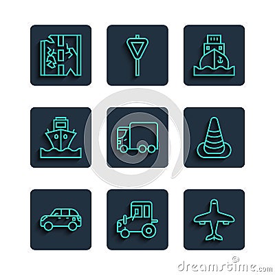 Set line Hatchback car, Tractor, Plane, Cargo ship, Delivery cargo truck, Broken road and Traffic cone icon. Vector Vector Illustration