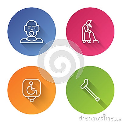 Set line Head of deaf and dumb, Grandmother, Disabled wheelchair and Walking stick cane. Color circle button. Vector Vector Illustration