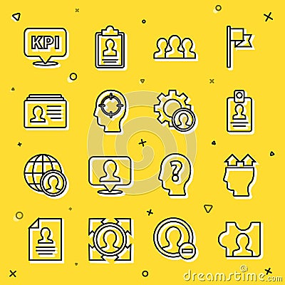 Set line Head hunting, User of man, Identification badge, Users group, Resume, Key performance indicator and icon Stock Photo