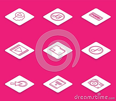 Set line Head people with play button, Music note, tone, Power, Play Video, Document folder, Arrow cursor and Tablet Stock Photo