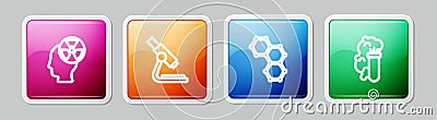 Set line Head and radiation symbol, Microscope, Chemical formula and explosion. Colorful square button. Vector Stock Photo