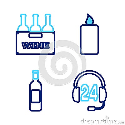 Set line Headphone for support, Bottle of wine, Burning candle and Bottles box icon. Vector Vector Illustration